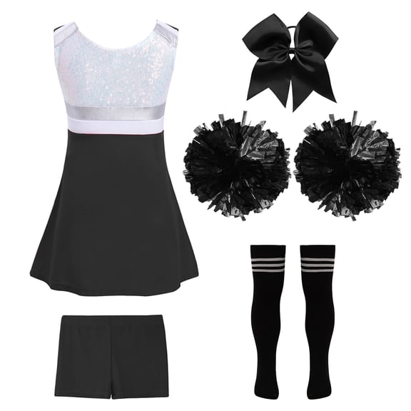 Jizyo Girls Cheerleading Outfit School Musical Cheer Leader Costume Sequins Dress with Shorts Pompom A Black&White 12