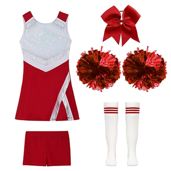 Jizyo Girls Cheerleading Outfit School Musical Cheer Leader Costume Sequins Dress with Shorts Pompom A Red 14