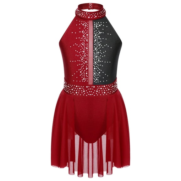 Jizyo Girls Ice Figure Skating Dance Dress Backless Rhinestone Ballet Dance Leotard Wrap Skirt Lyrical Latin Jazz Outfit Burgundy 12
