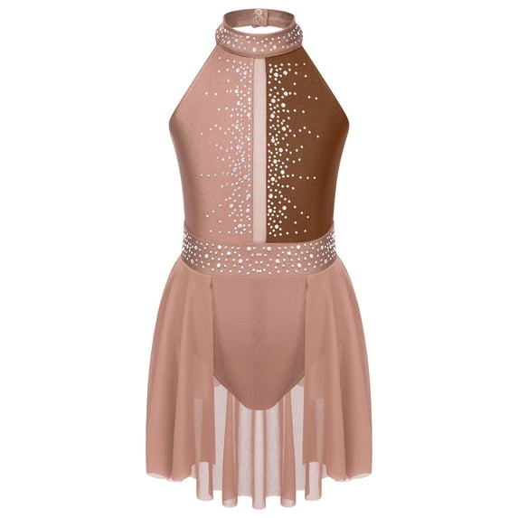 Jizyo Girls Ice Figure Skating Dance Dress Backless Rhinestone Ballet Dance Leotard Wrap Skirt Lyrical Latin Jazz Outfit Coffee 16