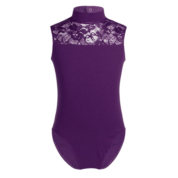 Jizyo Girls Jumpsuit Sleeveless Turtle Neck Lace Back Athletic Dance Ballet Leotard Unitard Bodysuit Dancewear Purple 5-6