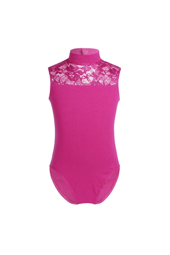 Girls Jumpsuit Sleeveless Turtle Neck Lace Back Athletic Dance Ballet Leotard Unitard Bodysuit Dancewear Rose Red 7-8