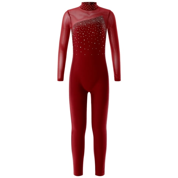 Jizyo Girls Kids Mesh Splice Long Sleeves Backless Full Length Unitard Ballet Dance Gymnastics Leotard Dancewear Burgundy 6