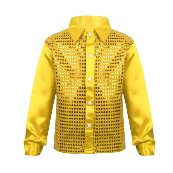Jizyo Kids Boys 70s Disco Costume Sequins Long Sleeve Button Down Shirts Latin Jazz Dance Performance Gold 160