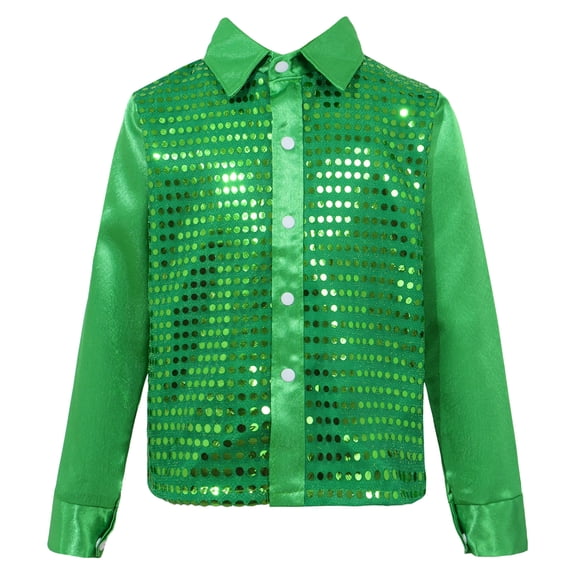 Jizyo Kids Boys 70s Disco Costume Sequins Long Sleeve Button Down Shirts Latin Jazz Dance Performance Green 120