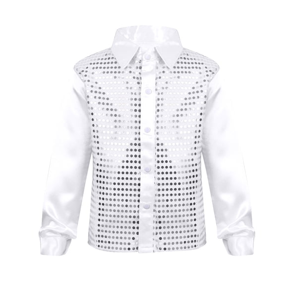 Jizyo Kids Boys 70s Disco Costume Sequins Long Sleeve Button Down Shirts Latin Jazz Dance Performance White 150