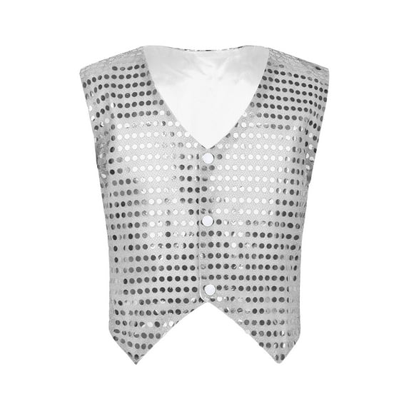 Jizyo Kids Boys Girls Sequins Vest Waistcoat Disco Party Fancy Dress Up Jacket Tops Stage Performance Silver 170