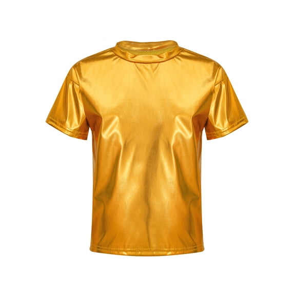 Jizyo Kids Boys Girls Shiny Metallic T-Shirts Short Sleeves Sparkly Tee Tops for Hip Hop Jazz Disco Gold 100