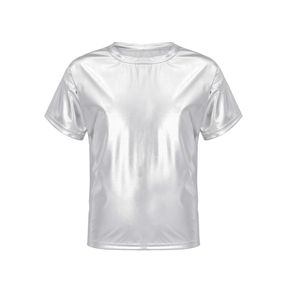 Jizyo Kids Boys Girls Shiny Metallic T-Shirts Short Sleeves Sparkly Tee Tops for Hip Hop Jazz Disco Silver 110