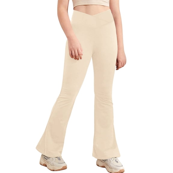 Jizyo Kids Dance Bell Bottoms Dance Ballet Tights Girls Yoga Flare Leggings Cross Over Pants Modern Beige 130