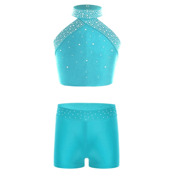 Jizyo Kids Girls 2 Piece Gymnastics Outfits Shiny Halter Crop Vest Top with Booty Shorts Athletic Dance Clothes Set Blue Green 8