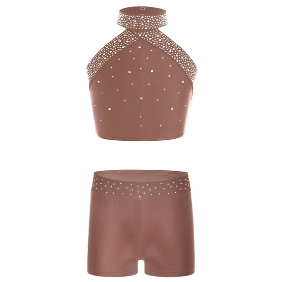 Jizyo Kids Girls 2 Piece Gymnastics Outfits Shiny Halter Crop Vest Top with Booty Shorts Athletic Dance Clothes Set Dusty Pink 12