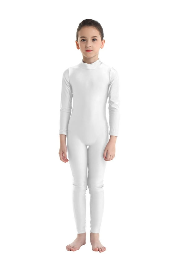 Kids Girls Boy Full Body Unitard Zentai Costume Halloween One-Piece Gymnastics Leotard Turtleneck Catsuit Jumpsuit Ivory 11-12