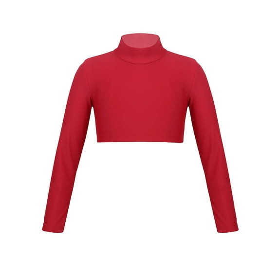 Jizyo Kids Girls Crop Top T-shirt Mock Neck Long Sleeve Shirt for Jazz Dance Gymnastics Stage Performance Red 10
