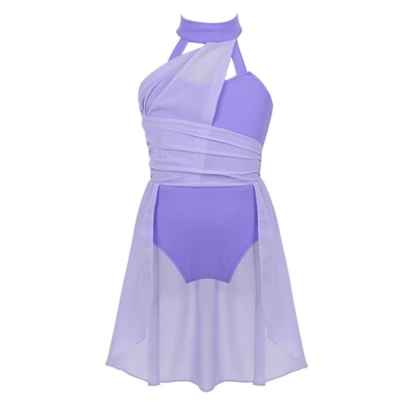 Jizyo Kids Girls Cutout Chiffon Sleeveless Ballet Leotard Dress Modern Dance Gymnastics Dancewear Lavender 12