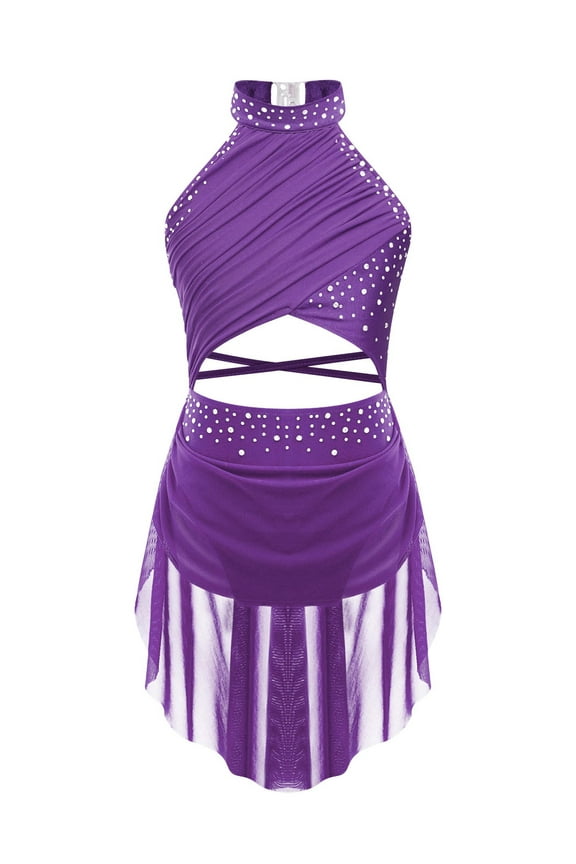 Kids Girls Figure Ice Skating Dress Sleeveless Ballet Lyrical Contemporary Dance Dress Purple 10