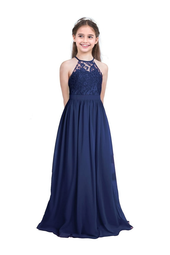 Kids Girls Floral Lace Halter Neck Lace Chiffon Flower Girl Dress Bridesmaid Wedding Formal Party Ball Gown Navy Blue 8