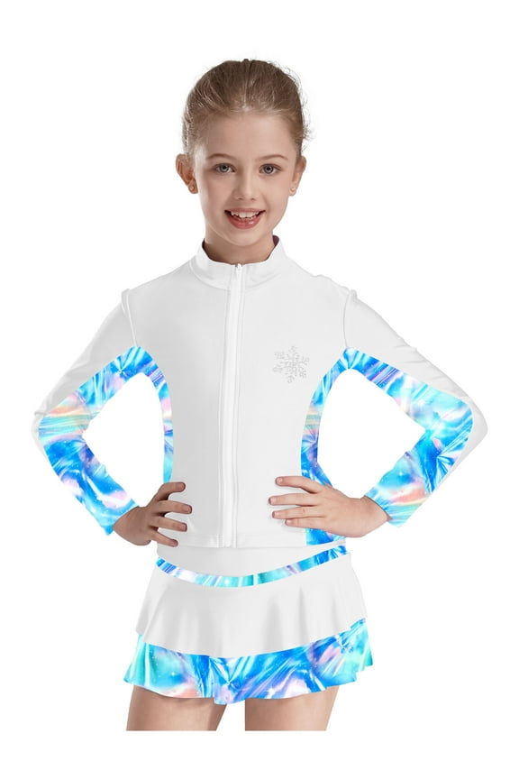 Kids Girls Gym Workout Athletic Sport Jacket Zipper Sparkly Rhinestone Figure Ice Skating White 4