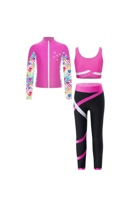 Kids Girls Ice Skating Suit Stripe Zipper Jacket Vest with Patchwork Pants Set Yoga Workout Hot Pink 12