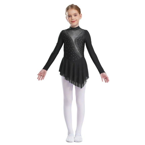 Jizyo Kids Girls Lyrical Figure Ice Skating Dress Rhinestone Long Sleeve Ballet Gymnastic Leotard Shiny Dancewear Black 16