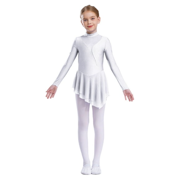 Jizyo Kids Girls Lyrical Figure Ice Skating Dress Rhinestone Long Sleeve Ballet Gymnastic Leotard Shiny Dancewear White 16