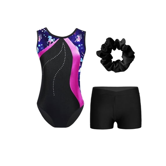 Jizyo Kids Girls Patchwork Gymnastics Leotard Sleeveless Dance Unitards with V-front Waistband Shorts Hot Pink&Black 14