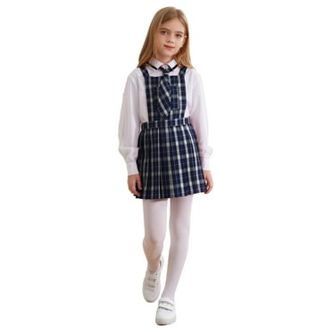 Jizyo Kids Girls School Uniform Jumper Plaid Overalls Dresses Summer Sleeveless Pleated Dress with Tie Navy Blue 8