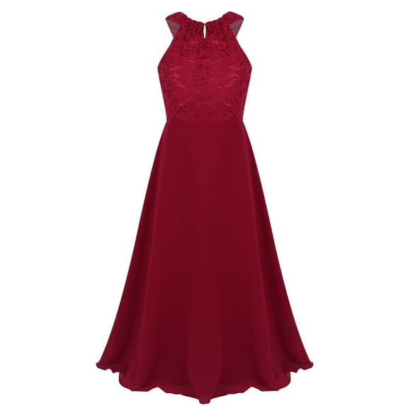 Jizyo Kids Girls Sleeveless Cutout Back Bridesmaid Dress Wedding Evening Party Prom Maxi Gown Halter Lace Chiffon Burgundy 6