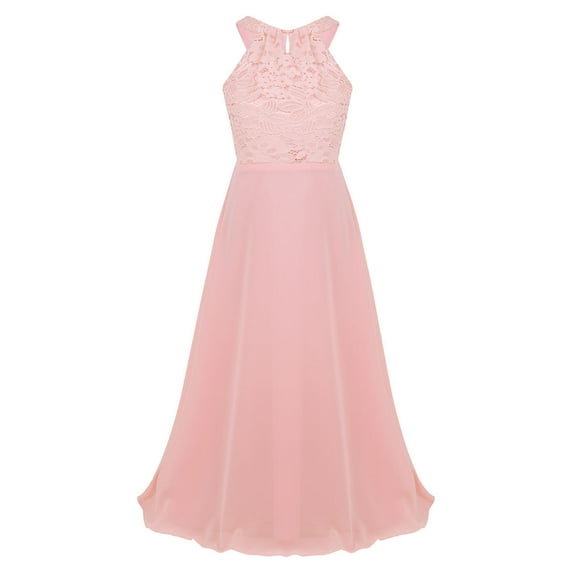 Jizyo Kids Girls Sleeveless Cutout Back Bridesmaid Dress Wedding Evening Party Prom Maxi Gown Halter Lace Chiffon Pink 12