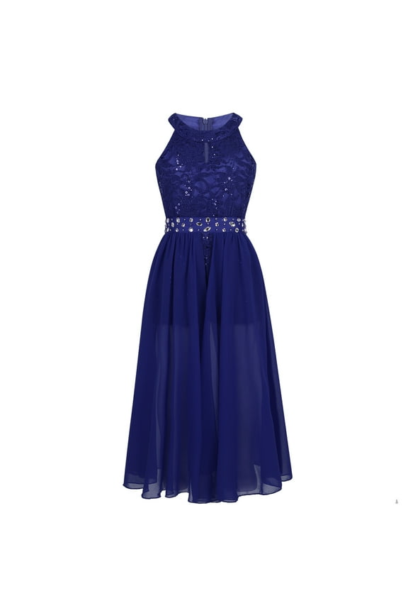 Kids Girls Sleeveless Floral Lace Rhinestone Pleated Maxi Romper Dress Wedding Party Prom Gowns Blue 12