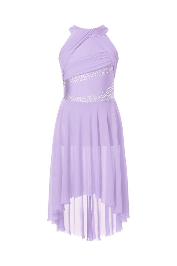 Kids Girls Sleeveless Sparkle Rhinestone Ballet Leotard Dress Contemporary Modern Lyrical Latin Lavender 12