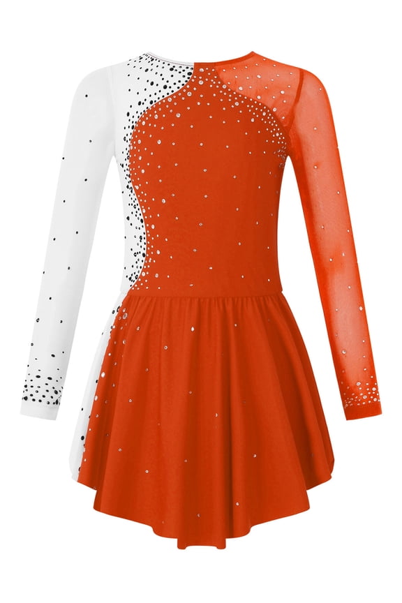 Kids Girls Winter Sport Roller Skating Long Sleeve Leotard Skirts Figure Ice Skating Dress Orange 16
