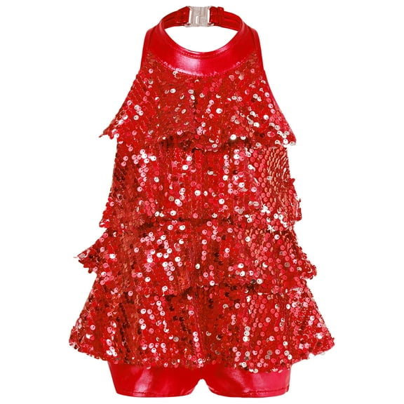 Jizyo Little Big Girls Shiny Sequins Halter Neck Ballet Jazz Modern Latin Tap Dress Performance Red 16