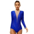 thumbnail image 1 of Jizyo Women Sheer Mesh Long Sleeve Bodysuit Shiny Rhinestone Ballet Dance Gymnastics Leotard Blue XXL, 1 of 7