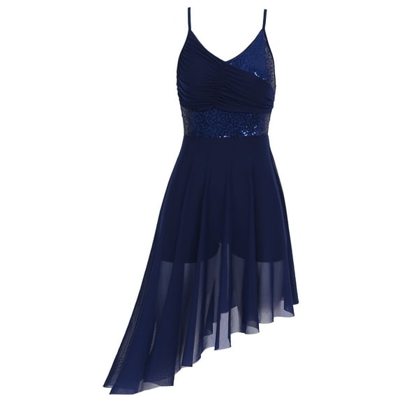 Jizyo Women's Dress Shiny Sequins Asymmetrical Hem Party Contemporary Lyrical Dance Costumes Navy_Blue M