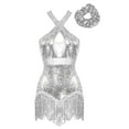 thumbnail image 1 of Jizyo Women's Latin Jazz Dance Costume Sparkly Sequin Tassel Leotard Bodysuit with Hair Tie Headwear Silver XXL, 1 of 6