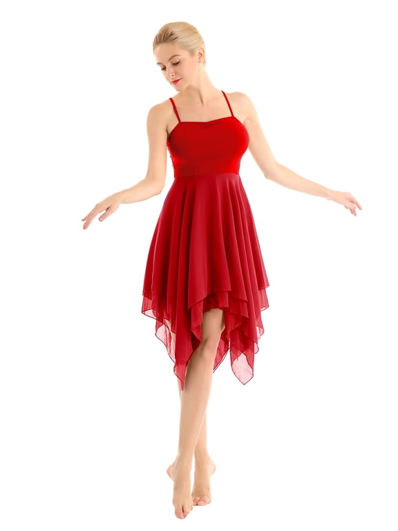 Women's Lyrical Dance Dress Sleeveless Asymmetrical Chiffon Skirted Leotard Dancing Dress Red S