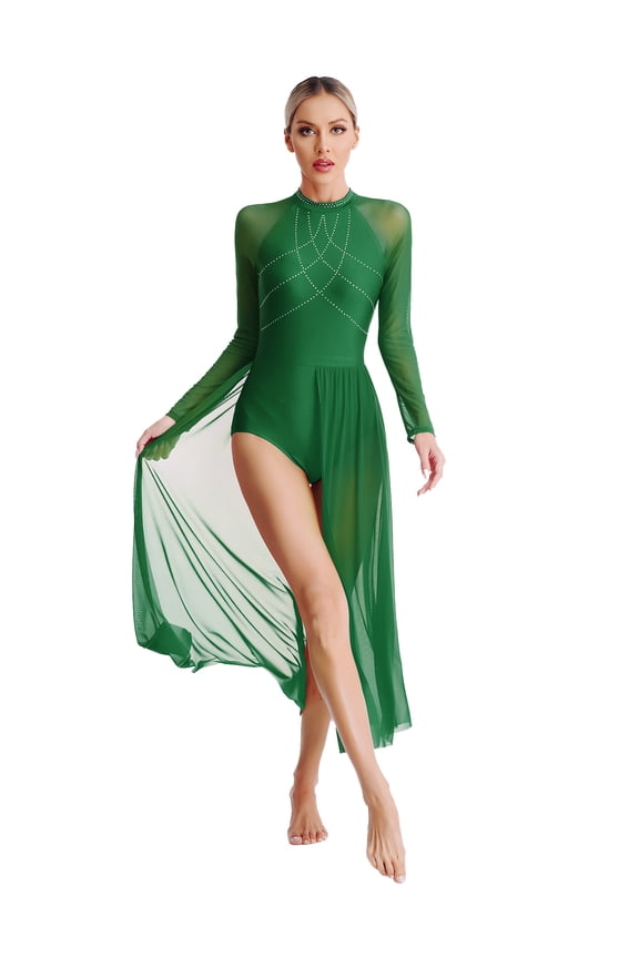 Women's Tulle Lyrical Dance Dress Mesh Long Sleeve Sequins Leotard Maxi Long Skirt Ballet Green M