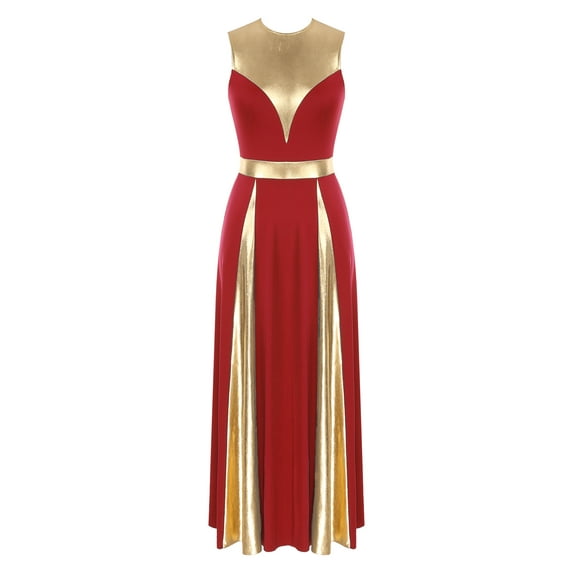 Jizyo Womens Sleeveless Metallic Lyrical Praise Dance Dress Liturgical Worship Robe Tunic Dancewear Red XL