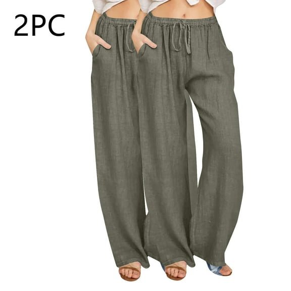 Jjayotai 2 Pack Linen Pants for Women, Casual Drawstring Elastic High Waist Cotton Linen Solid Wide Leg Loose Long Pants with Pockets Army Green M