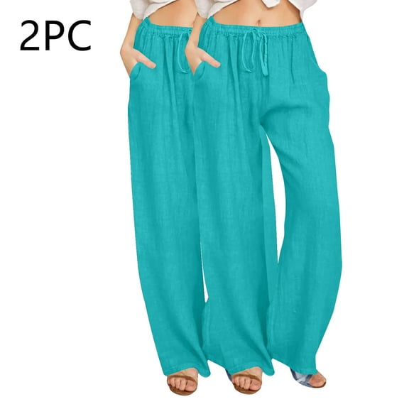Jjayotai 2 Pack Linen Pants for Women, Casual Drawstring Elastic High Waist Cotton Linen Solid Wide Leg Loose Long Pants with Pockets Blue S
