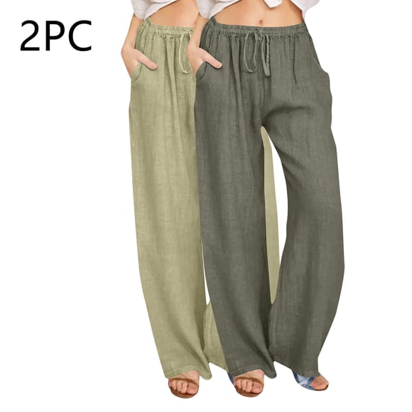 Jjayotai 2 Pack Womens Linen Summer Fall Pants, 2024 Trendy Casual High Waist Drawstring Loose Fit Lightweight Long Palazzo Gauze Pants Green S