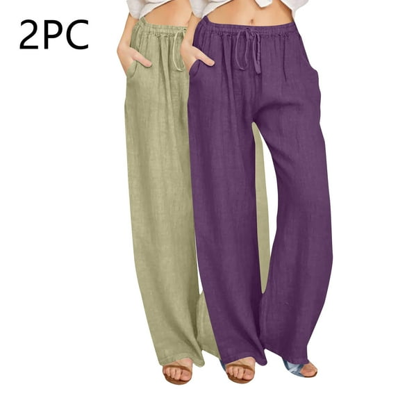 Jjayotai 2 Pack Womens Linen Summer Fall Pants, 2024 Trendy Casual High Waist Drawstring Loose Fit Lightweight Long Palazzo Gauze Pants Green XL