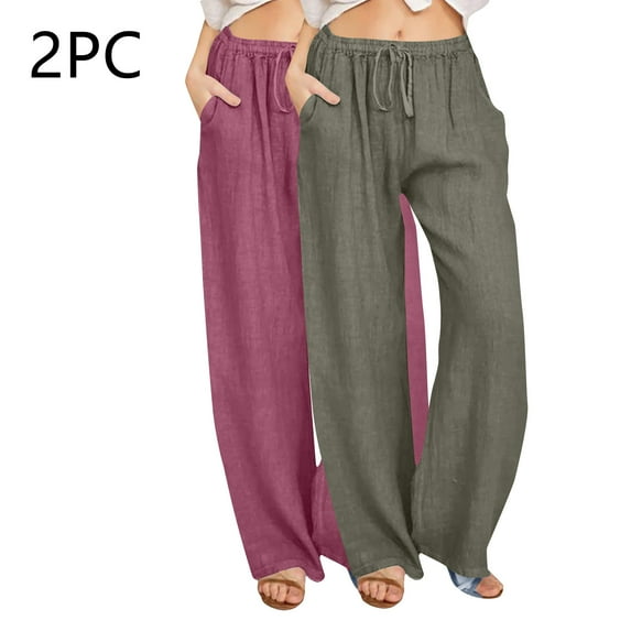 Jjayotai 2 Pack Womens Linen Summer Fall Pants, 2024 Trendy Casual High Waist Drawstring Loose Fit Lightweight Long Palazzo Gauze Pants Hot Pink XXXL