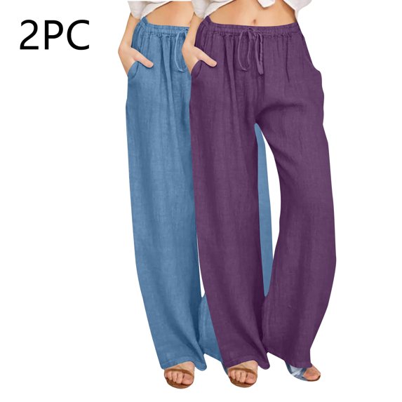 Jjayotai 2 Pack Womens Linen Summer Fall Pants, 2024 Trendy Casual High Waist Drawstring Loose Fit Lightweight Long Palazzo Gauze Pants Navy L
