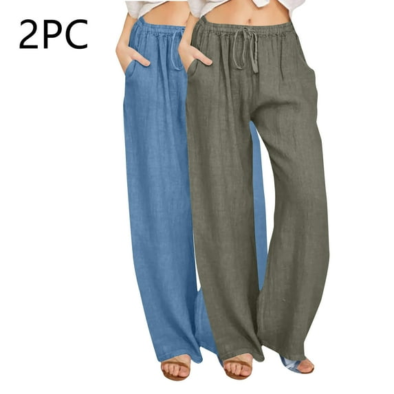 Jjayotai 2 Pack Womens Linen Summer Fall Pants, 2024 Trendy Casual High Waist Drawstring Loose Fit Lightweight Long Palazzo Gauze Pants Navy M