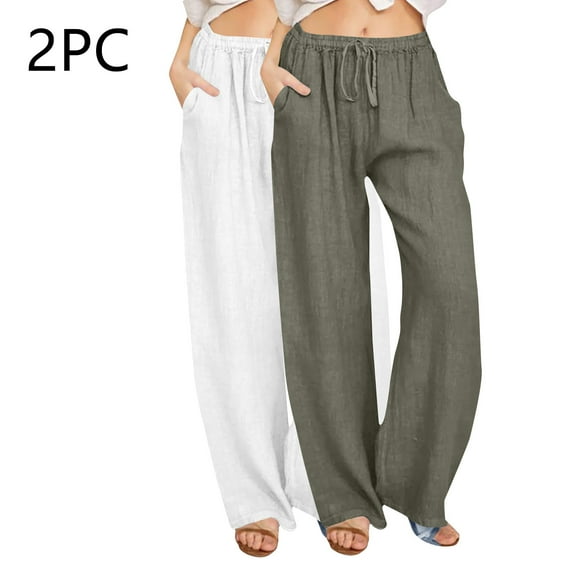 Jjayotai 2 Pack Womens Linen Summer Fall Pants, 2024 Trendy Casual High Waist Drawstring Loose Fit Lightweight Long Palazzo Gauze Pants White M