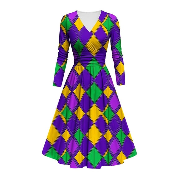 Jjayotai 2025 Mardi Gras Midi Dress for Women, Blue Glitter Print Outfits, Oversized Carnival Mardi Gras Rhombus Dresses, Long Sleeve V Neck Costumes Multicolor XXL