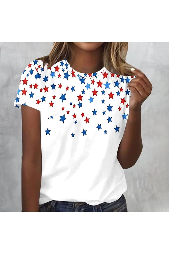 4Th of July Outfits for Women, Summer 2025 Short Sleeve Tops, Womens Shirt, Casual Crew Neck Clothes, USA T-Shirts, Patriotic Short Sleeve Tee, Womens Blouses White^ XXL