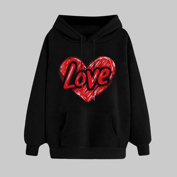 Jjayotai 50% Off Clear Cute Love Heart Print Valentines Day Hooded Sweatshirts for Women, Long Sleeve Casual Round Neck Pullover Tops Black S